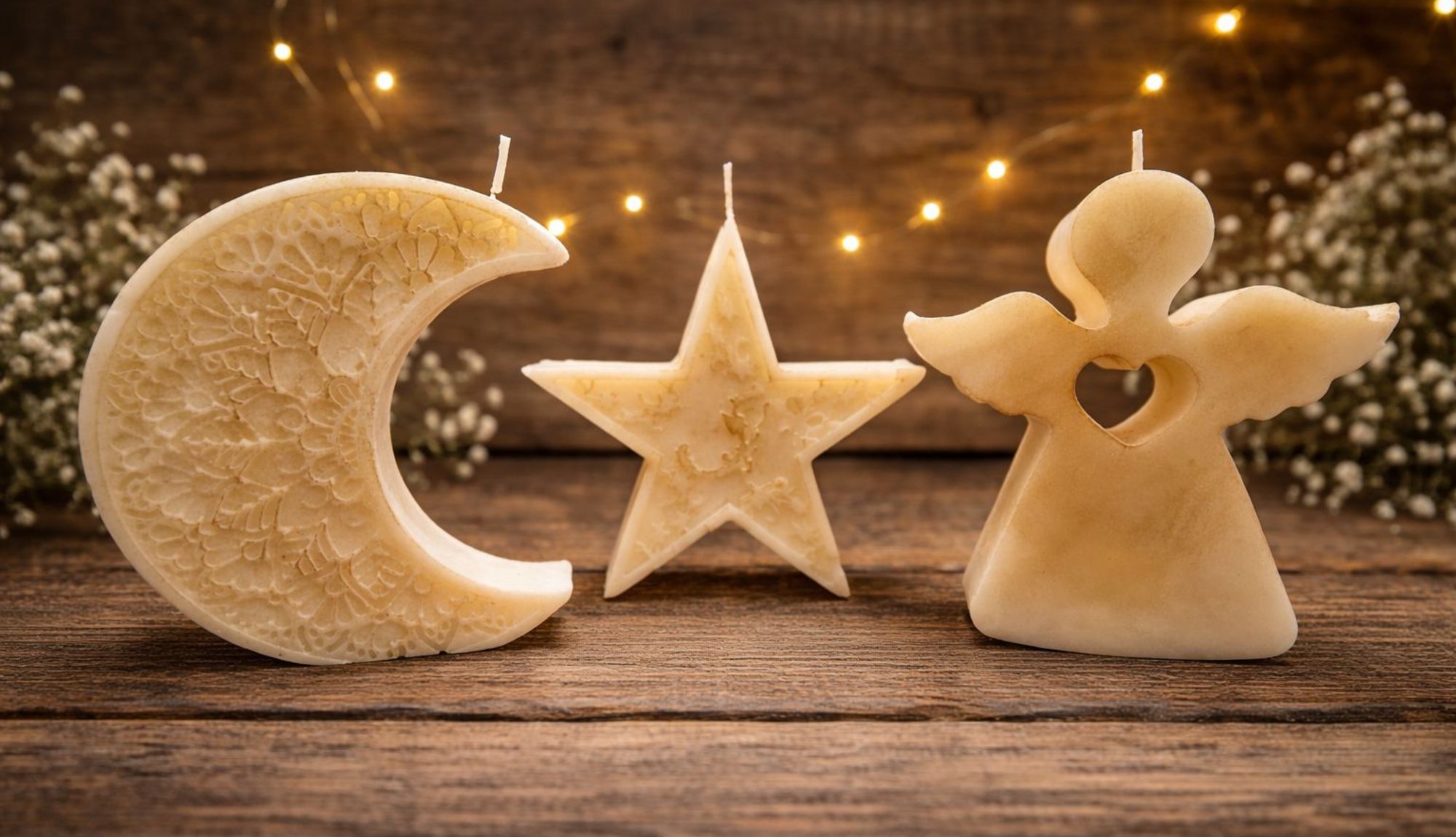 Moon, star and angel candles standing on dark wood under warm fairy lights.