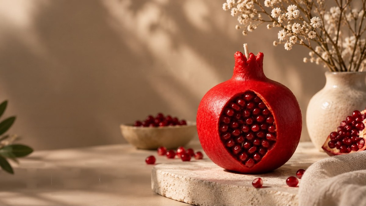 The Pomegranate candle on a travertine slab in the studio: deep red wax carved seed by seed, beside a bowl of seeds and dried gypsophila in a pale vase.